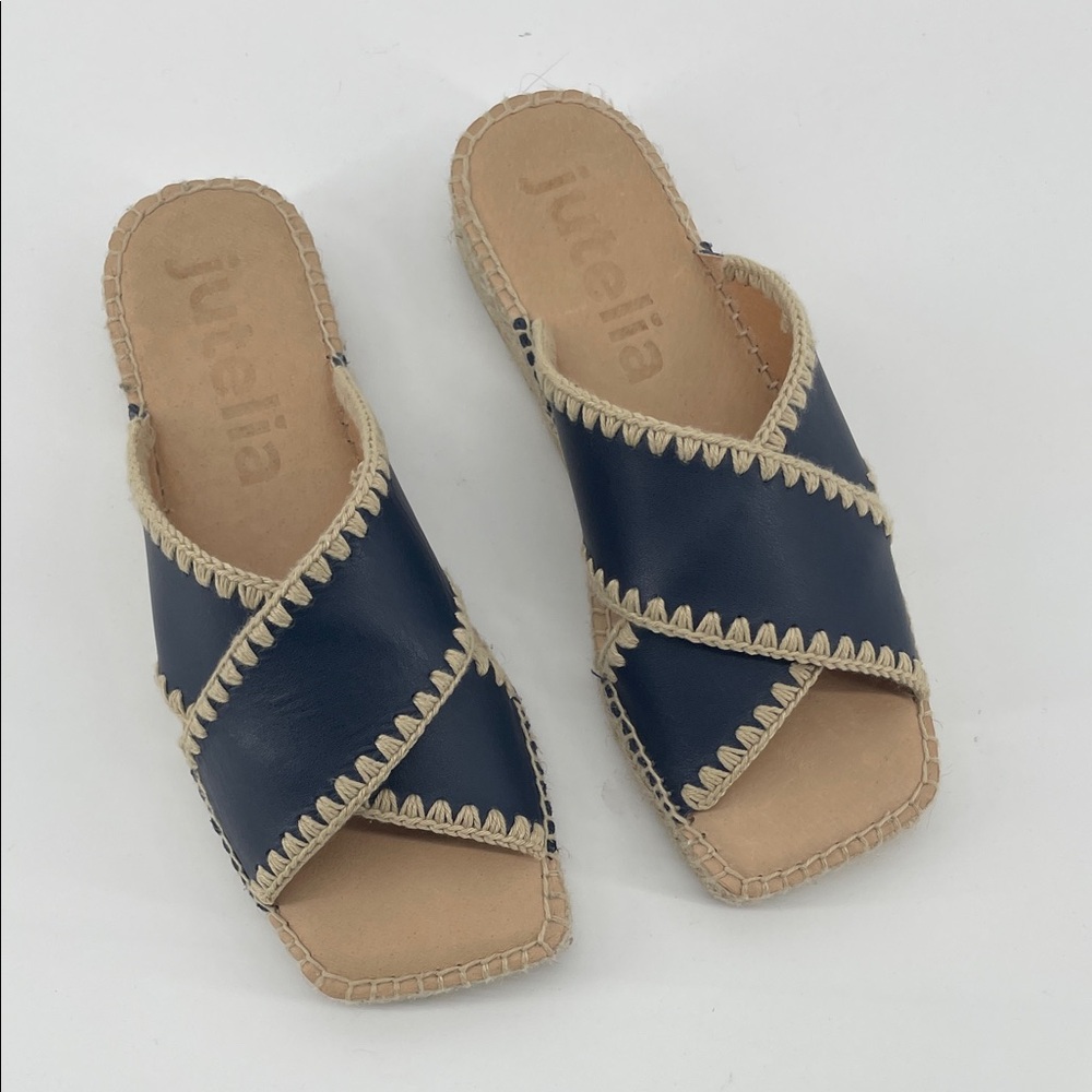 Jutelia Leather Cross Band Espadrille Sandals in Navy 39 S65